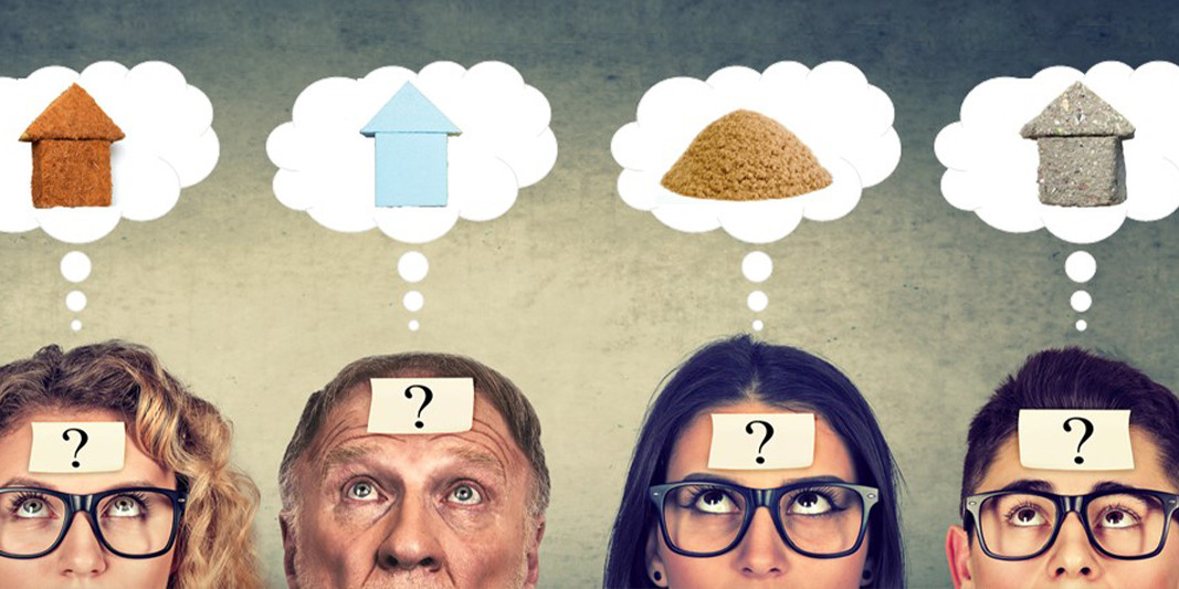 Köpfe mit Gedankenblasen, die verschiedene Dämmstoffe enthalten Köpfe mit Gedankenblasen, die verschiedene Dämmstoffe enthalten